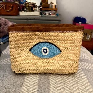 Woven Straw Clutch with Blue Evil Eye Design